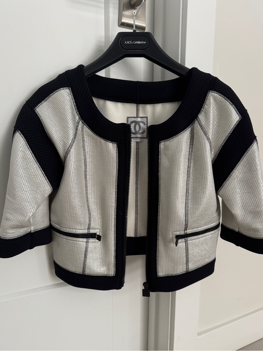 Chanel 07P Silver Metallic Black Cropped Zip Jacket - Mesh Trim Jacket